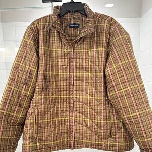 Lands' End Women's Plaid Puffer Jacket - Brown green, lavender. Size xl
